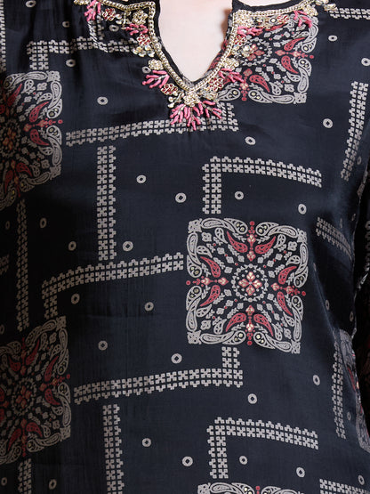Ethnic Printed & Embroidered Straight Kurta with Pant & Duaptta - Black