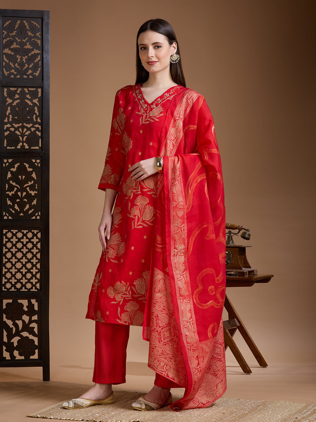 Floral Foil Printed Embroidered Straight Kurta with Pant & Dupatta - Red