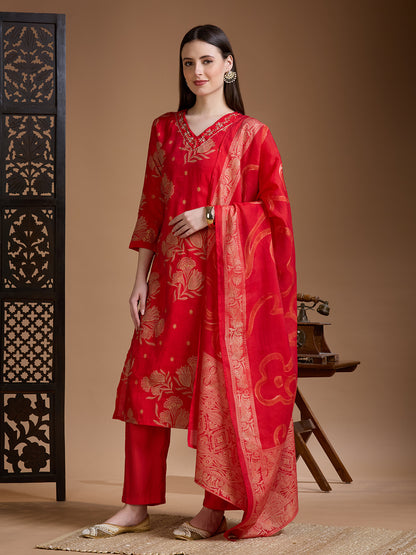 Floral Foil Printed Embroidered Straight Kurta with Pant & Dupatta - Red