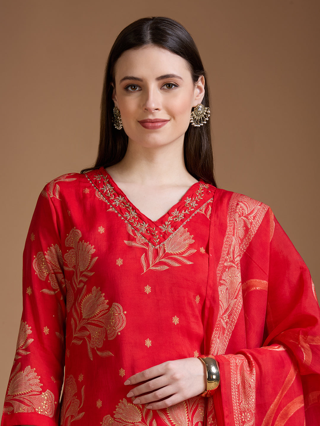 Floral Foil Printed Embroidered Straight Kurta with Pant & Dupatta - Red