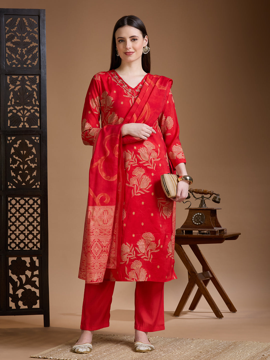 Floral Foil Printed Embroidered Straight Kurta with Pant & Dupatta - Red