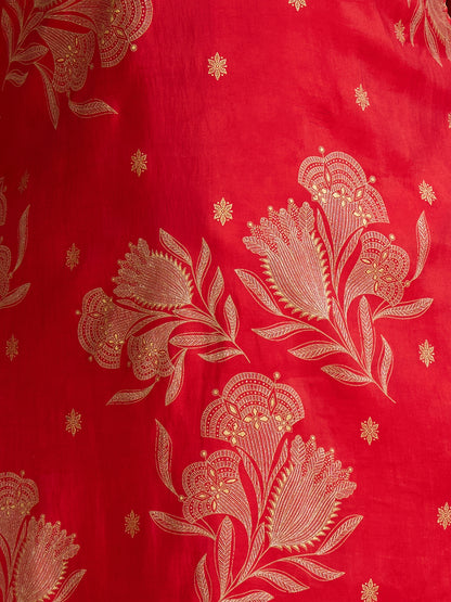 Floral Foil Printed Embroidered Straight Kurta with Pant & Dupatta - Red