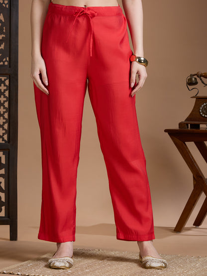 Floral Foil Printed Embroidered Straight Kurta with Pant & Dupatta - Red