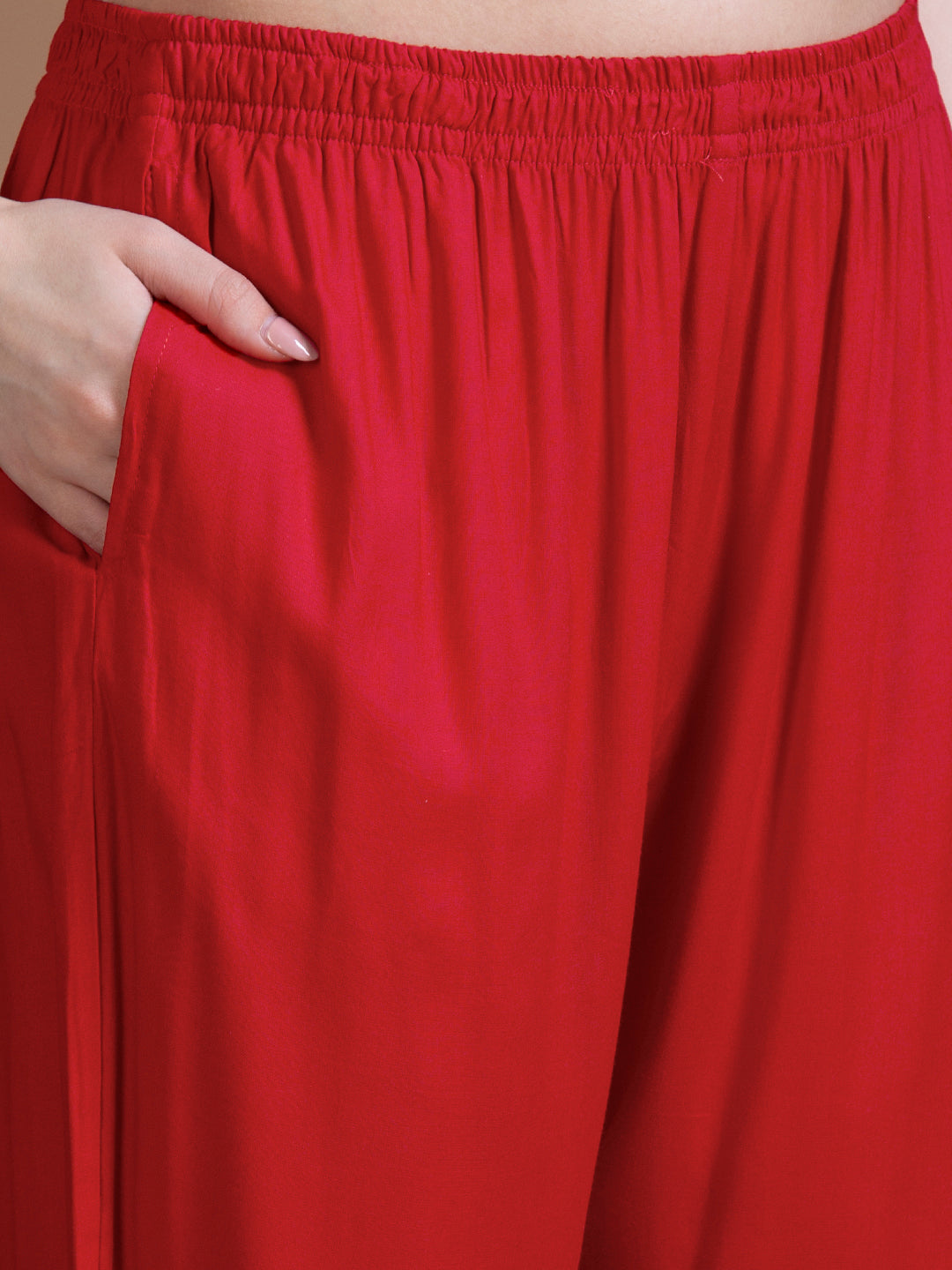 Floral Foil Printed Embroidered Straight Kurta with Pant & Dupatta - Red