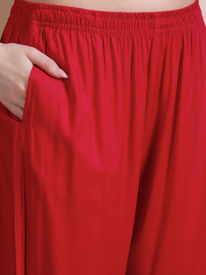 Floral Foil Printed Embroidered Straight Kurta with Pant & Dupatta - Red