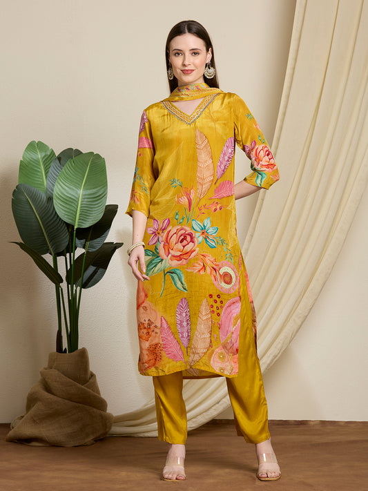 Abstract Flor Printed Straight Kurta with Pant & Dupatta - Yellow