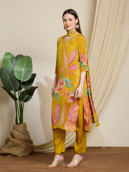 Abstract Flor Printed Straight Kurta with Pant & Dupatta - Yellow