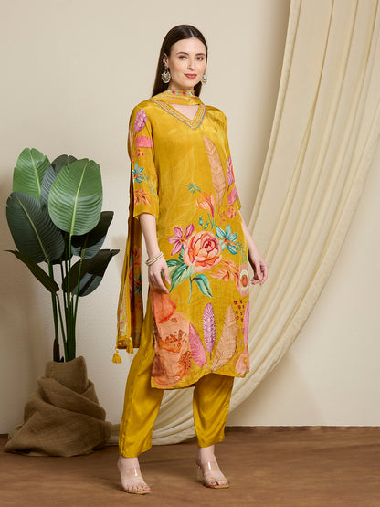 Abstract Flor Printed Straight Kurta with Pant & Dupatta - Yellow