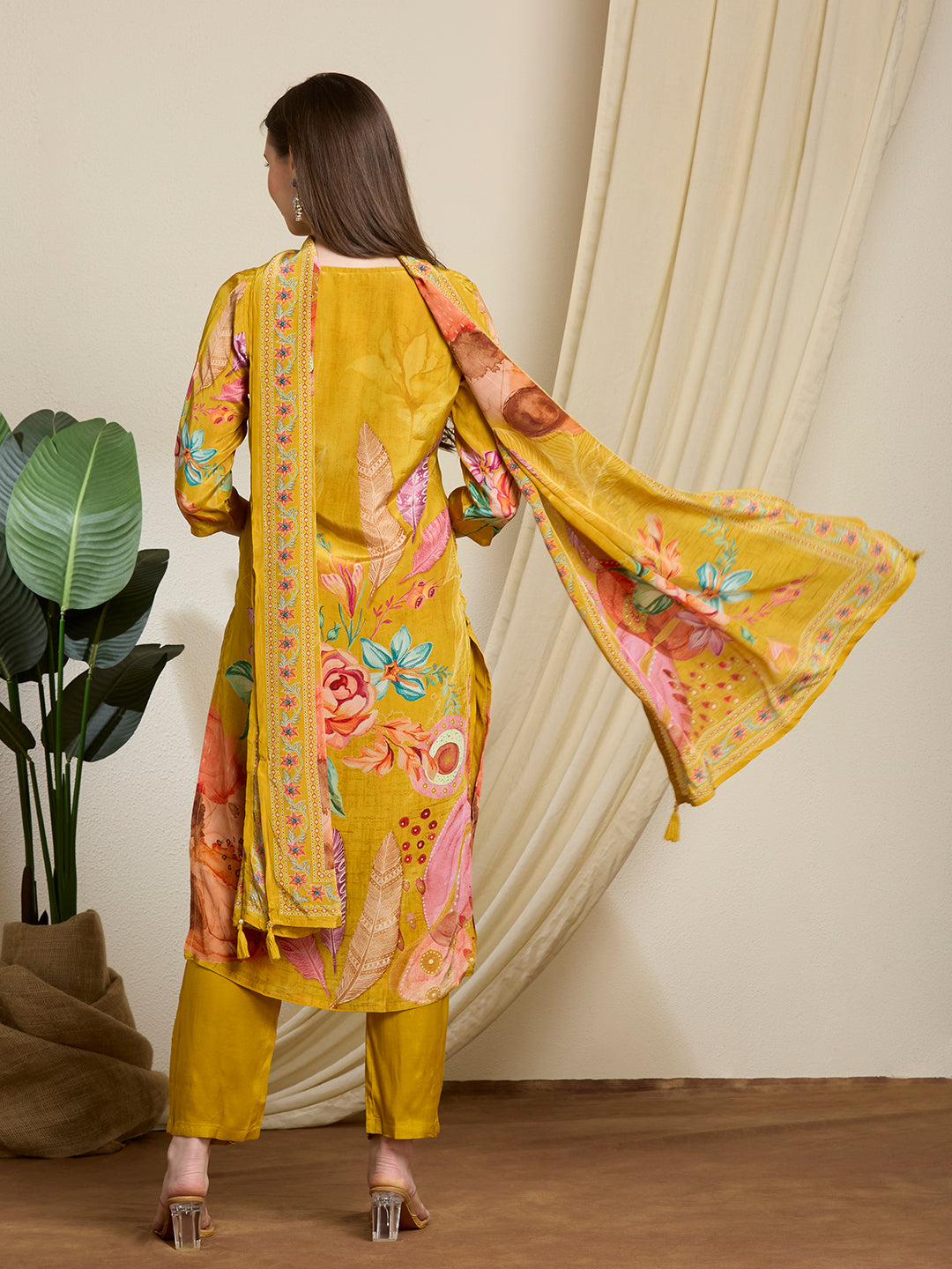 Abstract Flor Printed Straight Kurta with Pant & Dupatta - Yellow