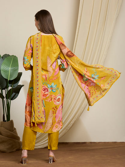 Abstract Flor Printed Straight Kurta with Pant & Dupatta - Yellow