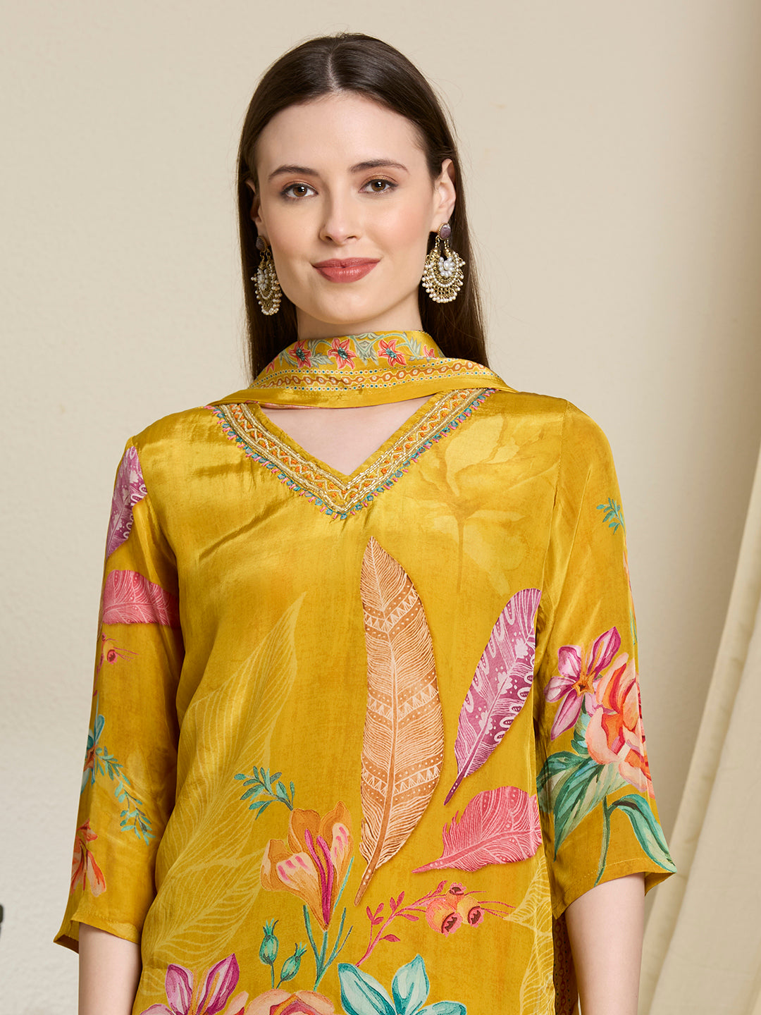 Abstract Flor Printed Straight Kurta with Pant & Dupatta - Yellow