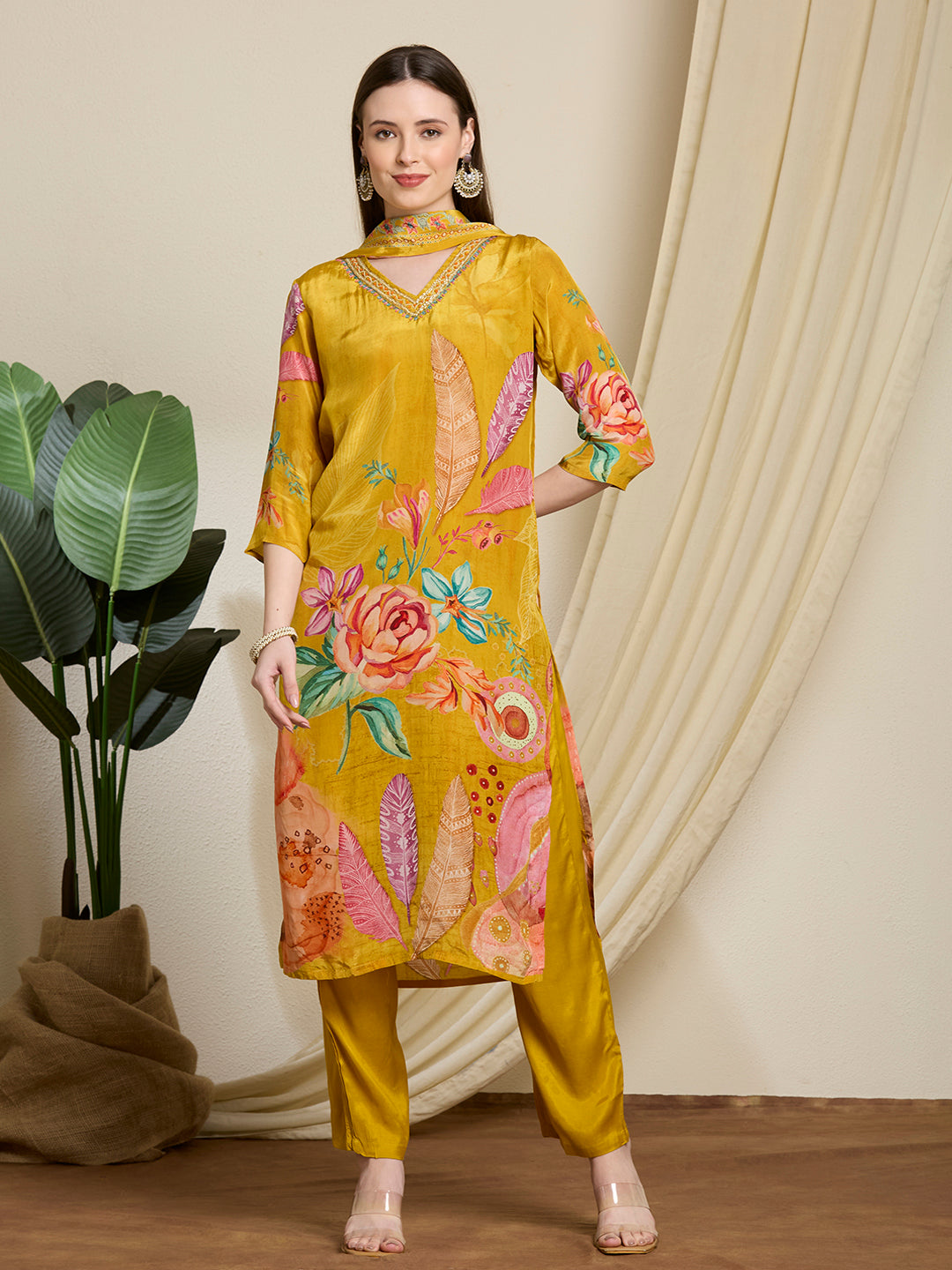 Abstract Flor Printed Straight Kurta with Pant & Dupatta - Yellow