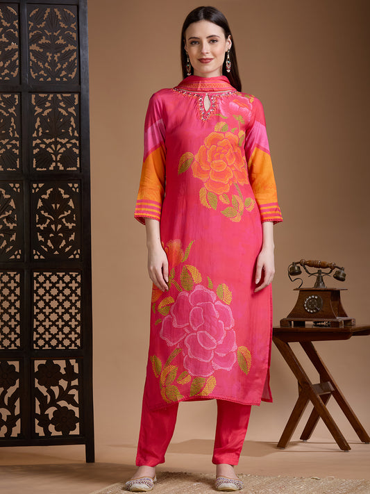 Abstract Floral Printed Straight Kurta with Pant & Dupatta - Pink