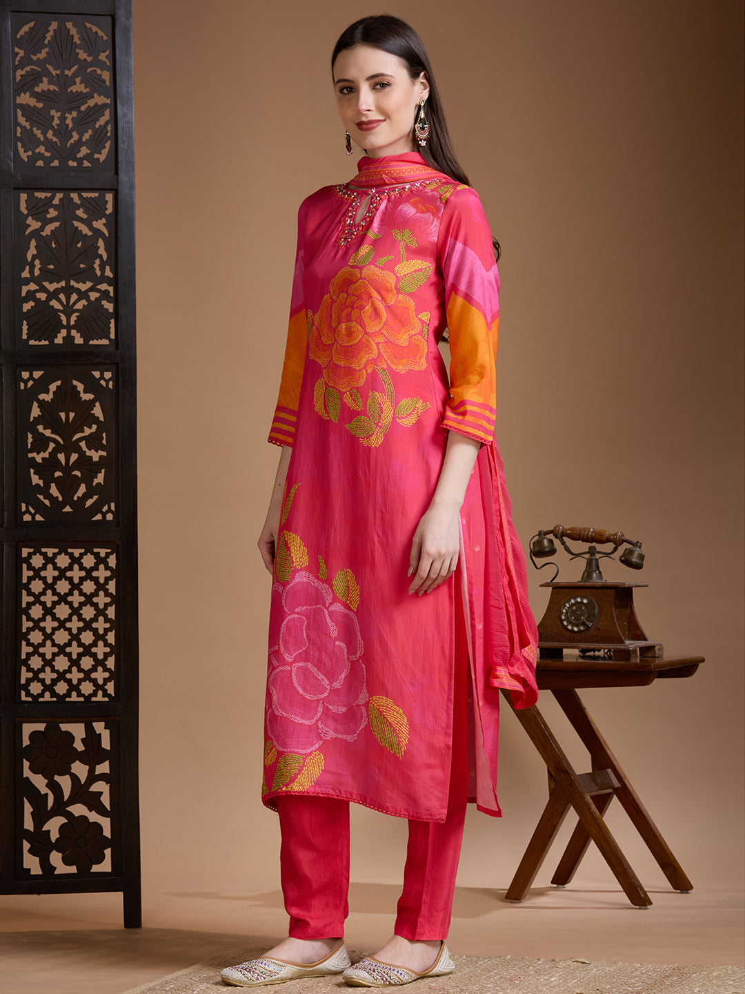 Abstract Floral Printed Straight Kurta with Pant & Dupatta - Pink