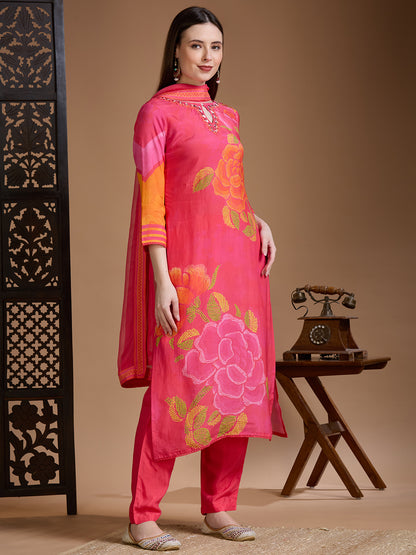 Abstract Floral Printed Straight Kurta with Pant & Dupatta - Pink
