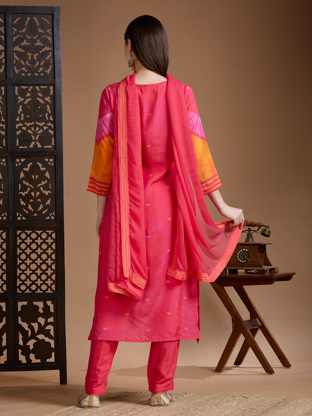 Abstract Floral Printed Straight Kurta with Pant & Dupatta - Pink