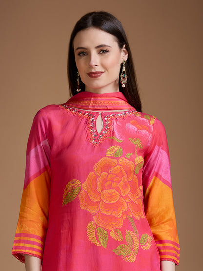 Abstract Floral Printed Straight Kurta with Pant & Dupatta - Pink