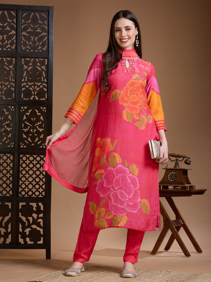 Abstract Floral Printed Straight Kurta with Pant & Dupatta - Pink