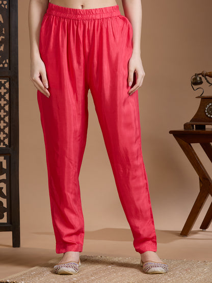 Abstract Floral Printed Straight Kurta with Pant & Dupatta - Pink