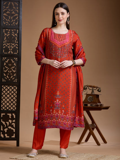 Ethnic Floral Printed & Embroidered Straight & Kurta with Pant and Dupatta - Rust
