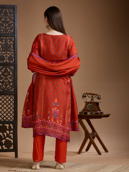 Ethnic Floral Printed & Embroidered Straight & Kurta with Pant and Dupatta - Rust