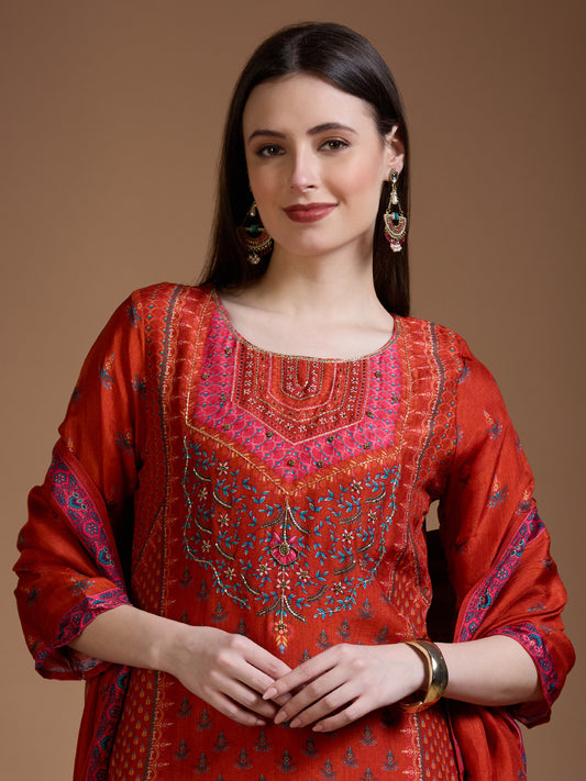 Ethnic Floral Printed & Embroidered Straight & Kurta with Pant and Dupatta - Rust