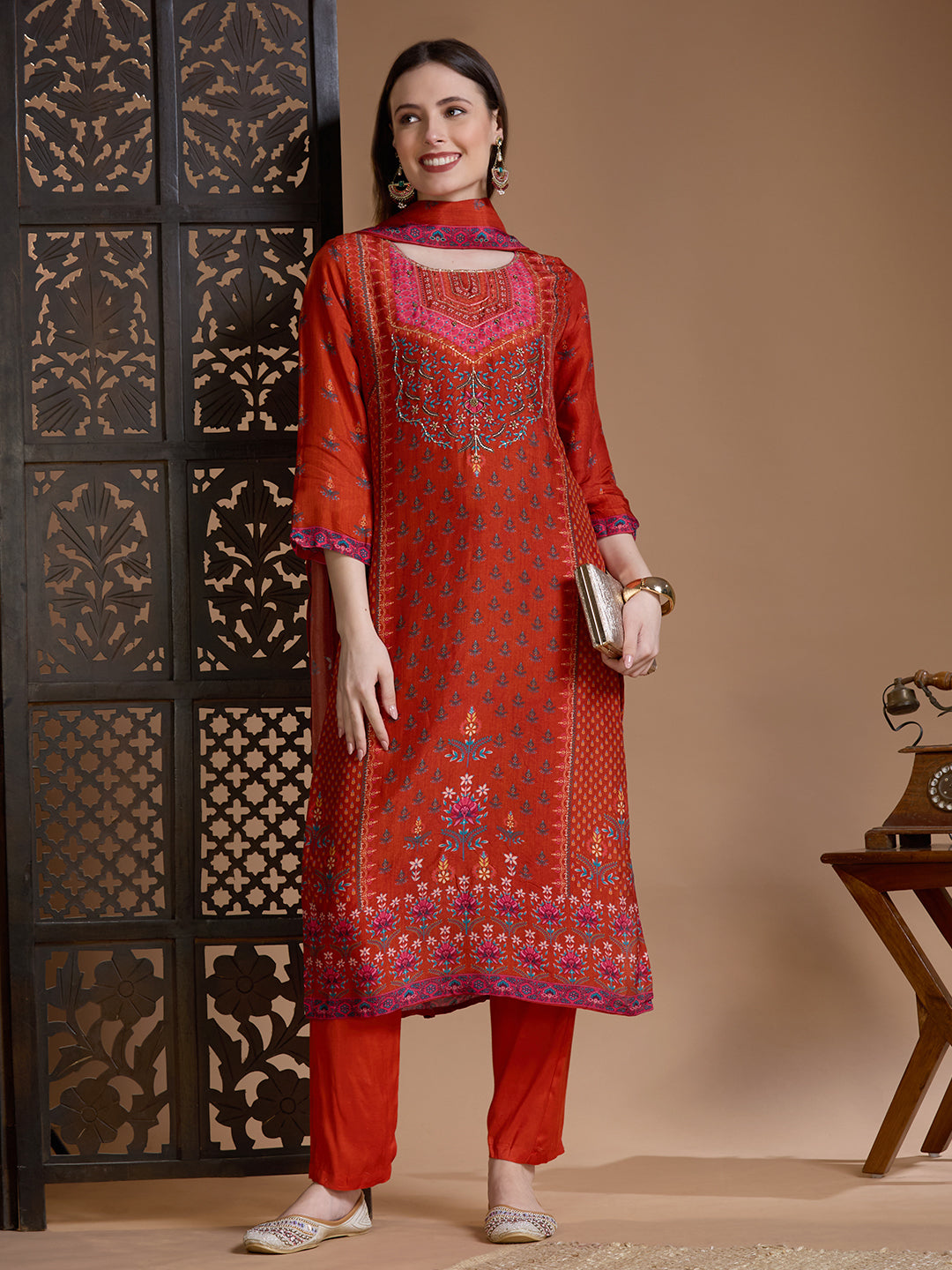 Ethnic Floral Printed & Embroidered Straight & Kurta with Pant and Dupatta - Rust