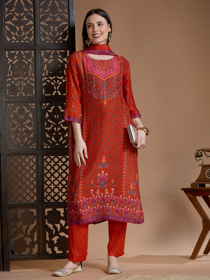 Ethnic Floral Printed & Embroidered Straight & Kurta with Pant and Dupatta - Rust