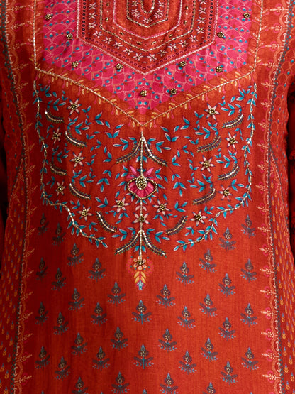 Ethnic Floral Printed & Embroidered Straight & Kurta with Pant and Dupatta - Rust
