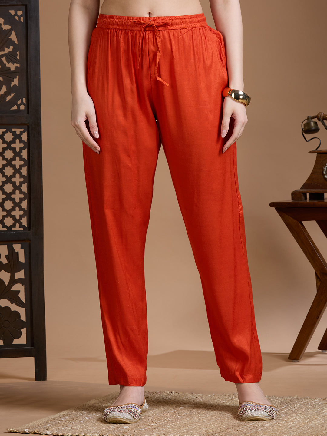 Ethnic Floral Printed & Embroidered Straight & Kurta with Pant and Dupatta - Rust