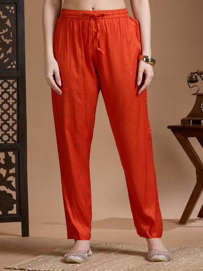 Ethnic Floral Printed & Embroidered Straight & Kurta with Pant and Dupatta - Rust