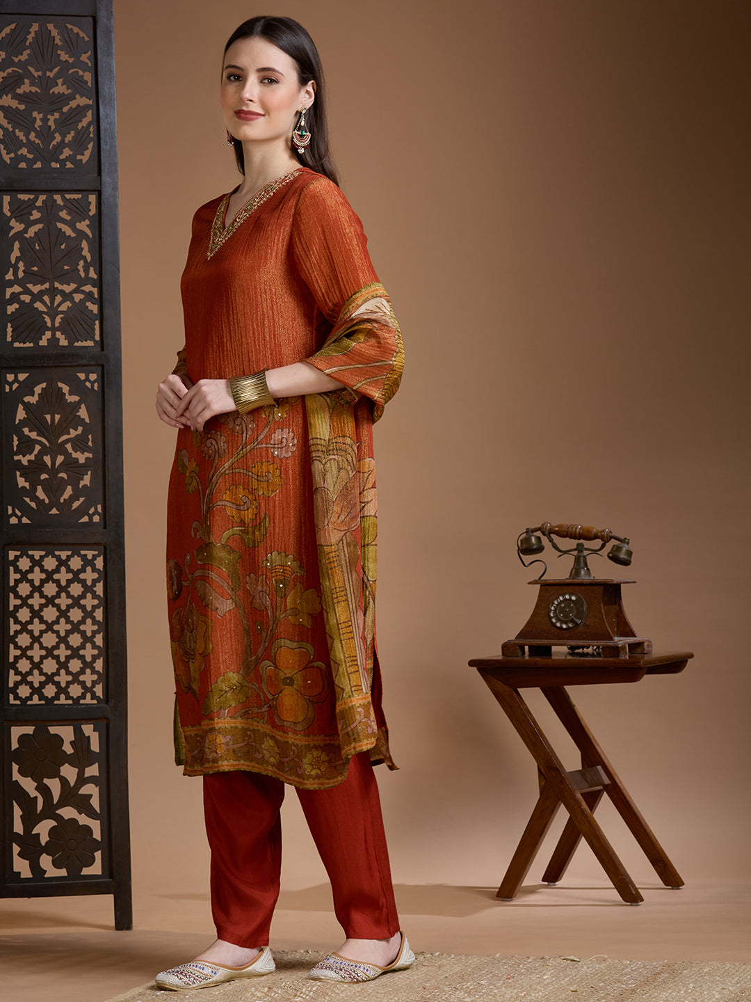 Festive Floral Printed Straight Kurta with Pant & Dupatta - Rust