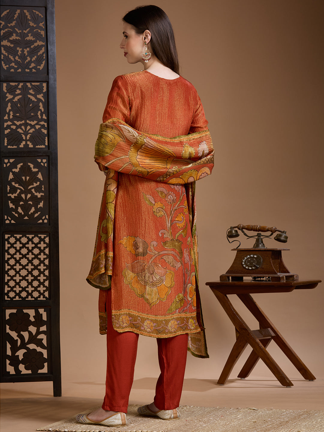 Festive Floral Printed Straight Kurta with Pant & Dupatta - Rust
