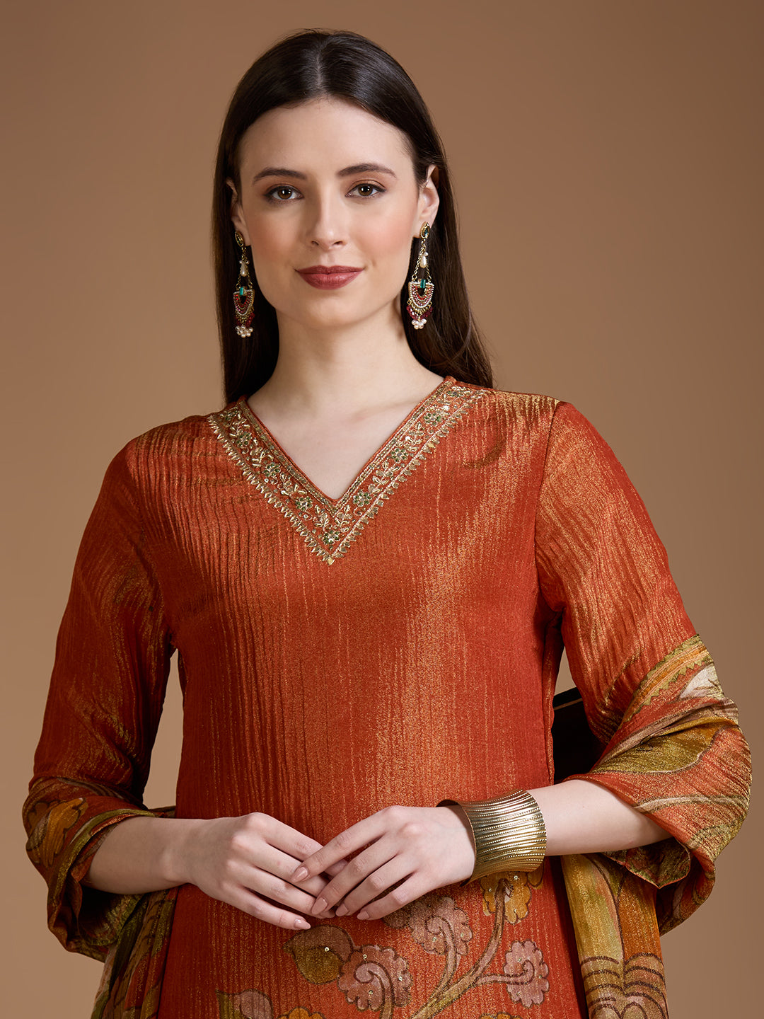 Festive Floral Printed Straight Kurta with Pant & Dupatta - Rust