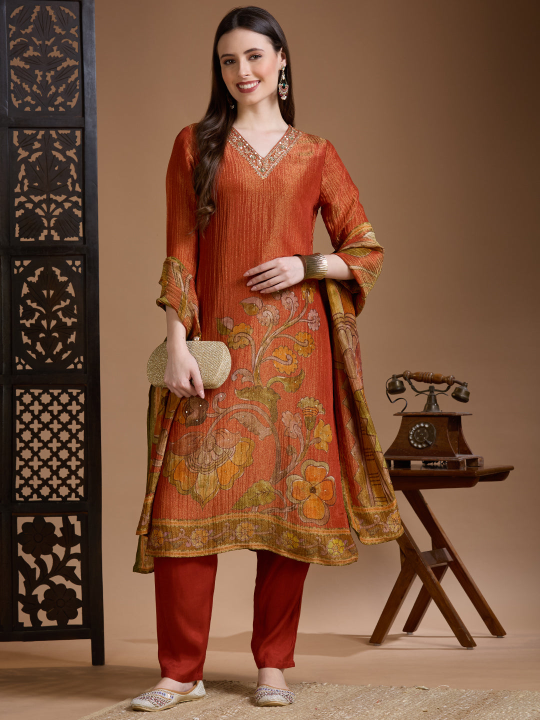 Festive Floral Printed Straight Kurta with Pant & Dupatta - Rust