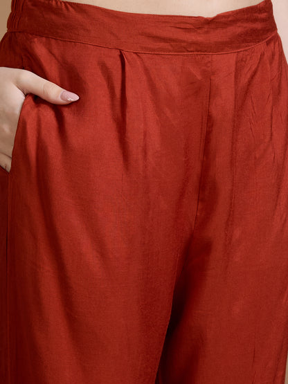 Festive Floral Printed Straight Kurta with Pant & Dupatta - Rust