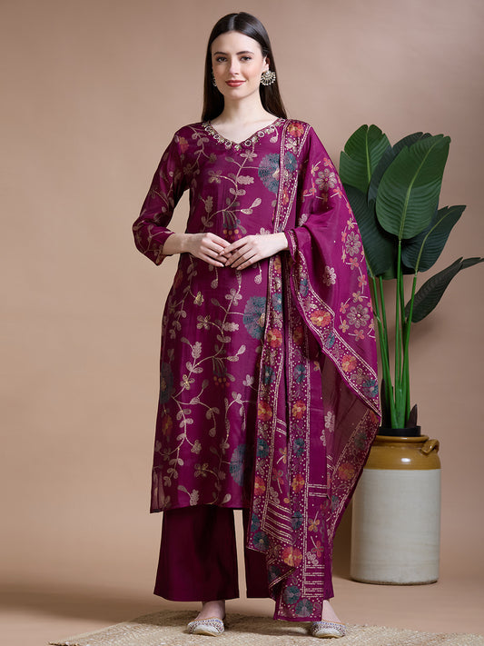Festive Ethnic Floral Printed Embroidered Straight Kurta with Palazzo & Dupatta - Magenta