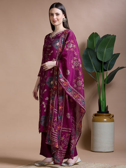 Festive Ethnic Floral Printed Embroidered Straight Kurta with Palazzo & Dupatta - Magenta