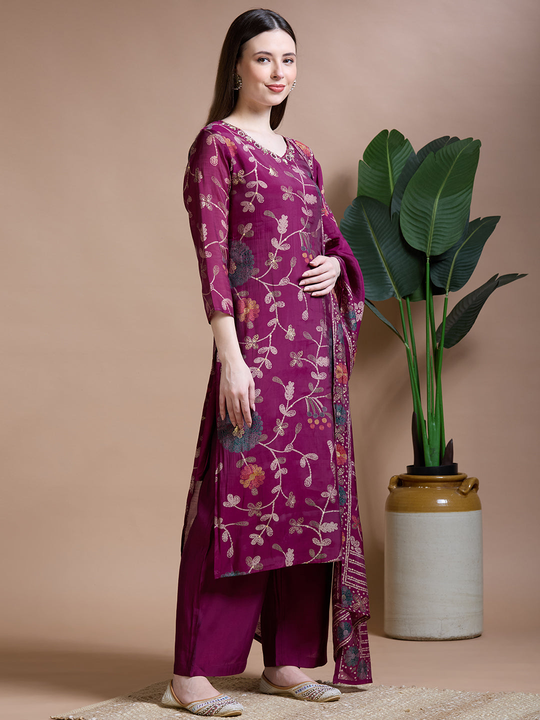 Festive Ethnic Floral Printed Embroidered Straight Kurta with Palazzo & Dupatta - Magenta