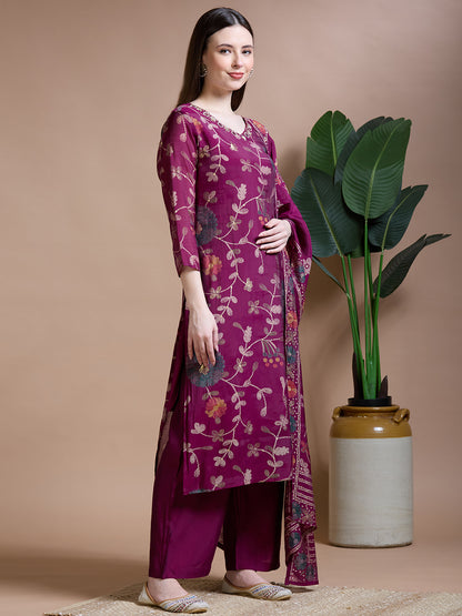 Festive Ethnic Floral Printed Embroidered Straight Kurta with Palazzo & Dupatta - Magenta
