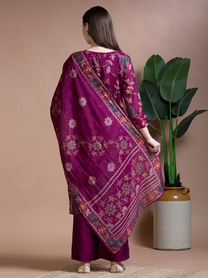 Festive Ethnic Floral Printed Embroidered Straight Kurta with Palazzo & Dupatta - Magenta