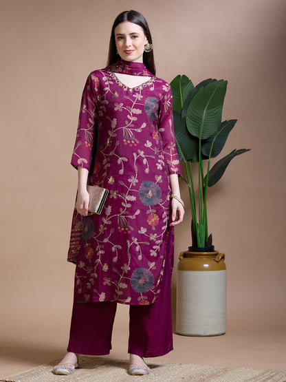 Festive Ethnic Floral Printed Embroidered Straight Kurta with Palazzo & Dupatta - Magenta