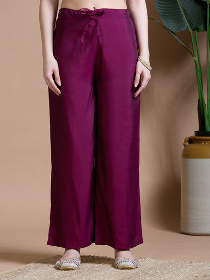 Festive Ethnic Floral Printed Embroidered Straight Kurta with Palazzo & Dupatta - Magenta