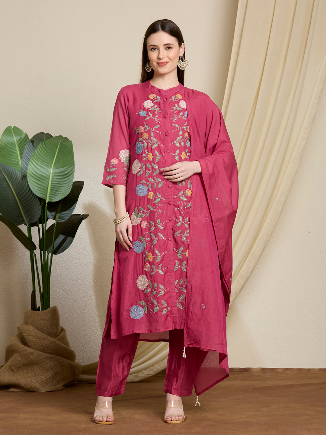 Solid Floral Embroidered Straight Kurta with Pant & Dupatta - Pink
