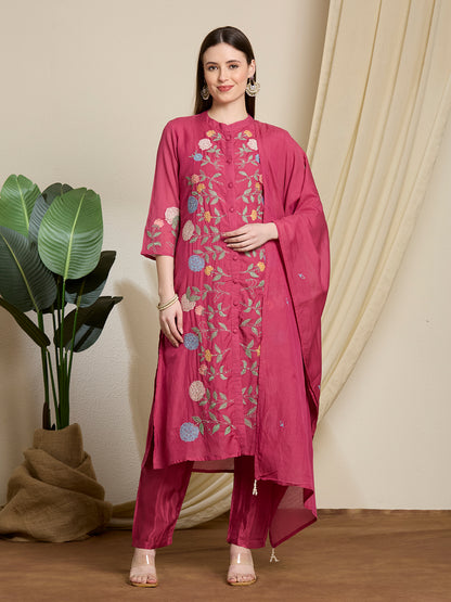 Solid Floral Embroidered Straight Kurta with Pant & Dupatta - Pink