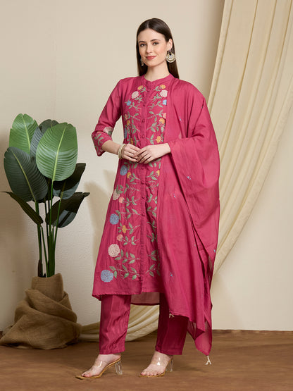 Solid Floral Embroidered Straight Kurta with Pant & Dupatta - Pink