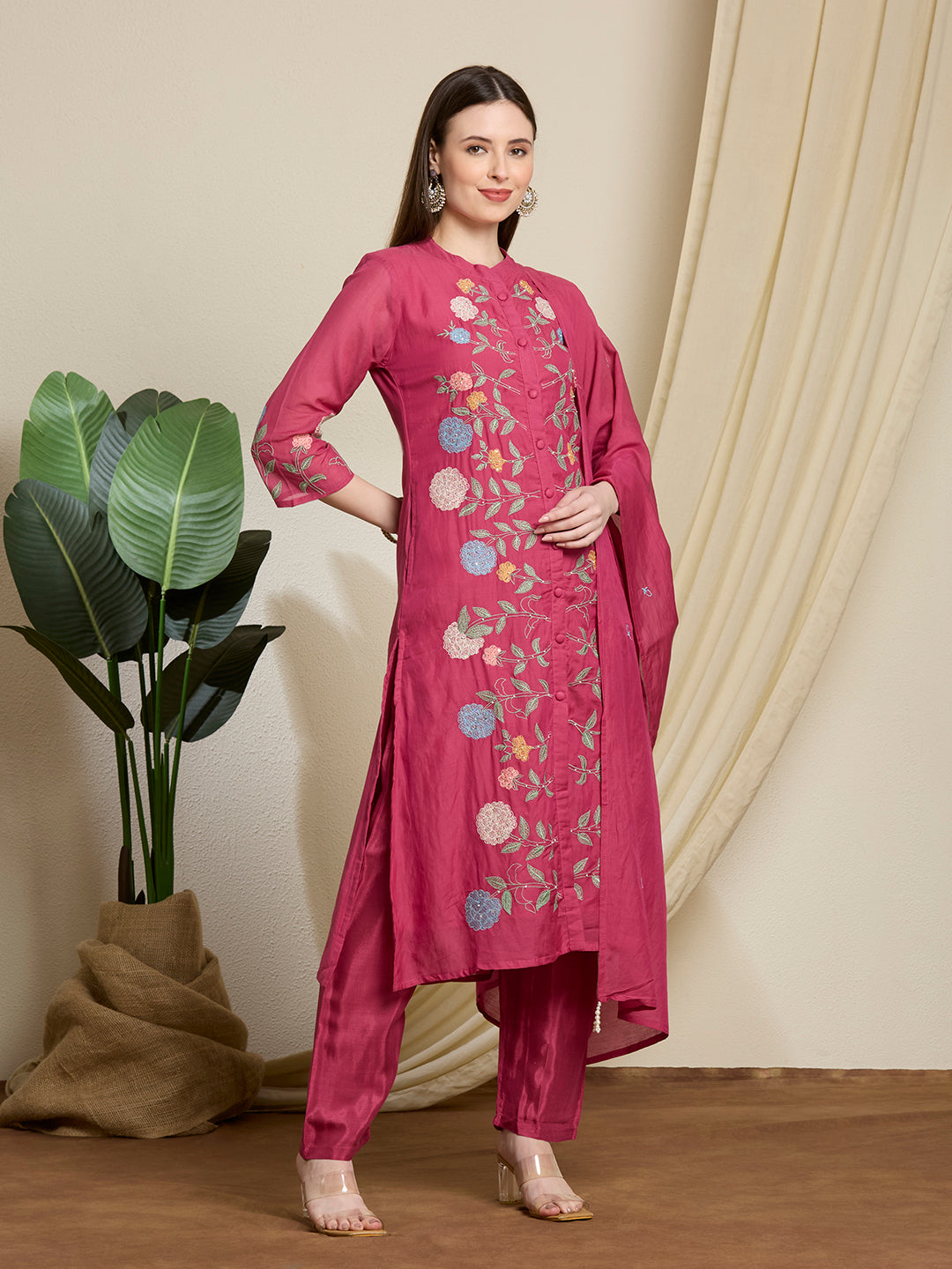 Solid Floral Embroidered Straight Kurta with Pant & Dupatta - Pink