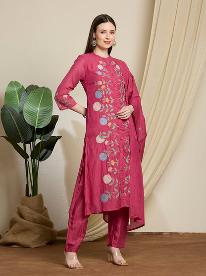 Solid Floral Embroidered Straight Kurta with Pant & Dupatta - Pink