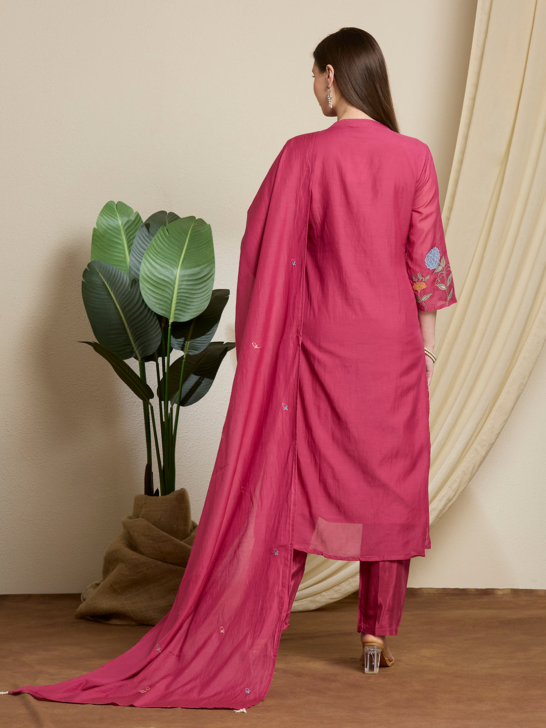 Solid Floral Embroidered Straight Kurta with Pant & Dupatta - Pink