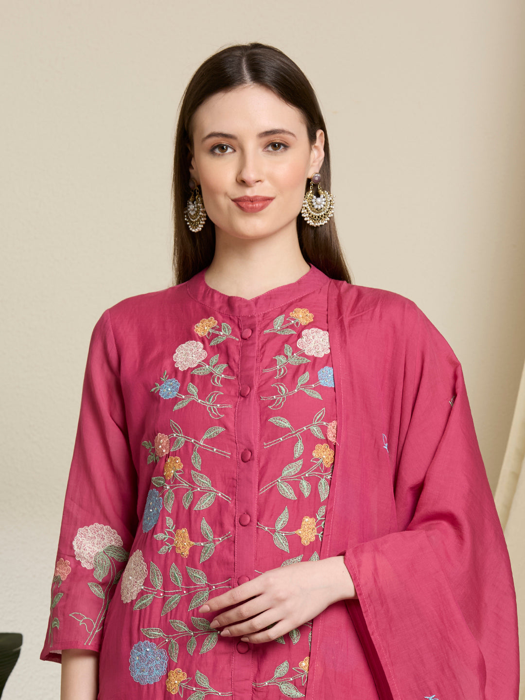 Solid Floral Embroidered Straight Kurta with Pant & Dupatta - Pink